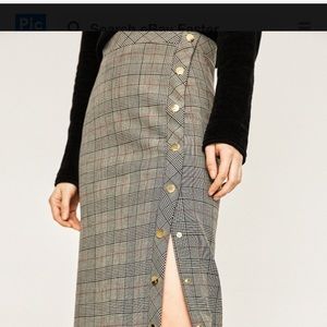 Zara Woman Grey Plaid Midi Skirt